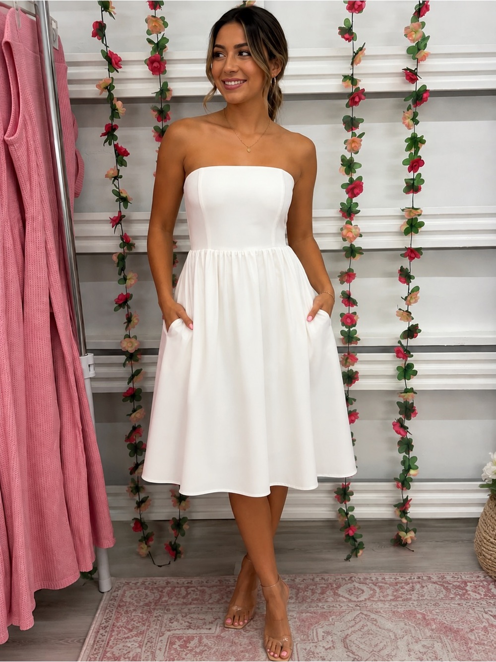 Hyfve- Strapless A-Line Dress with Pockets- White